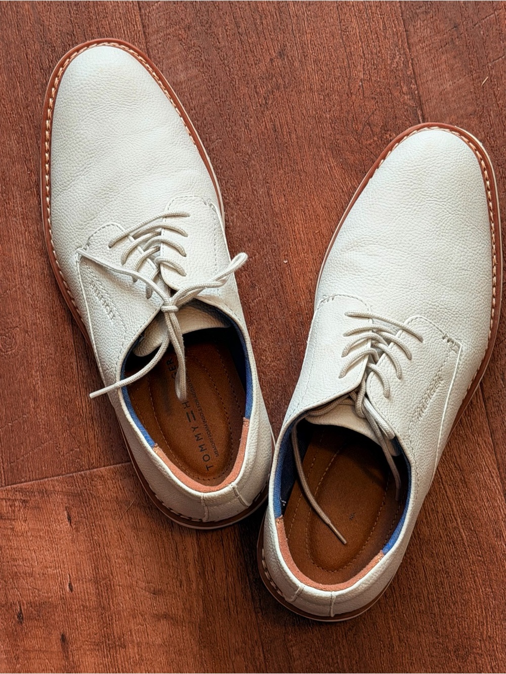 Tommy Hilfiger Men's Cream Leather Derby Shoes with Brown Trim